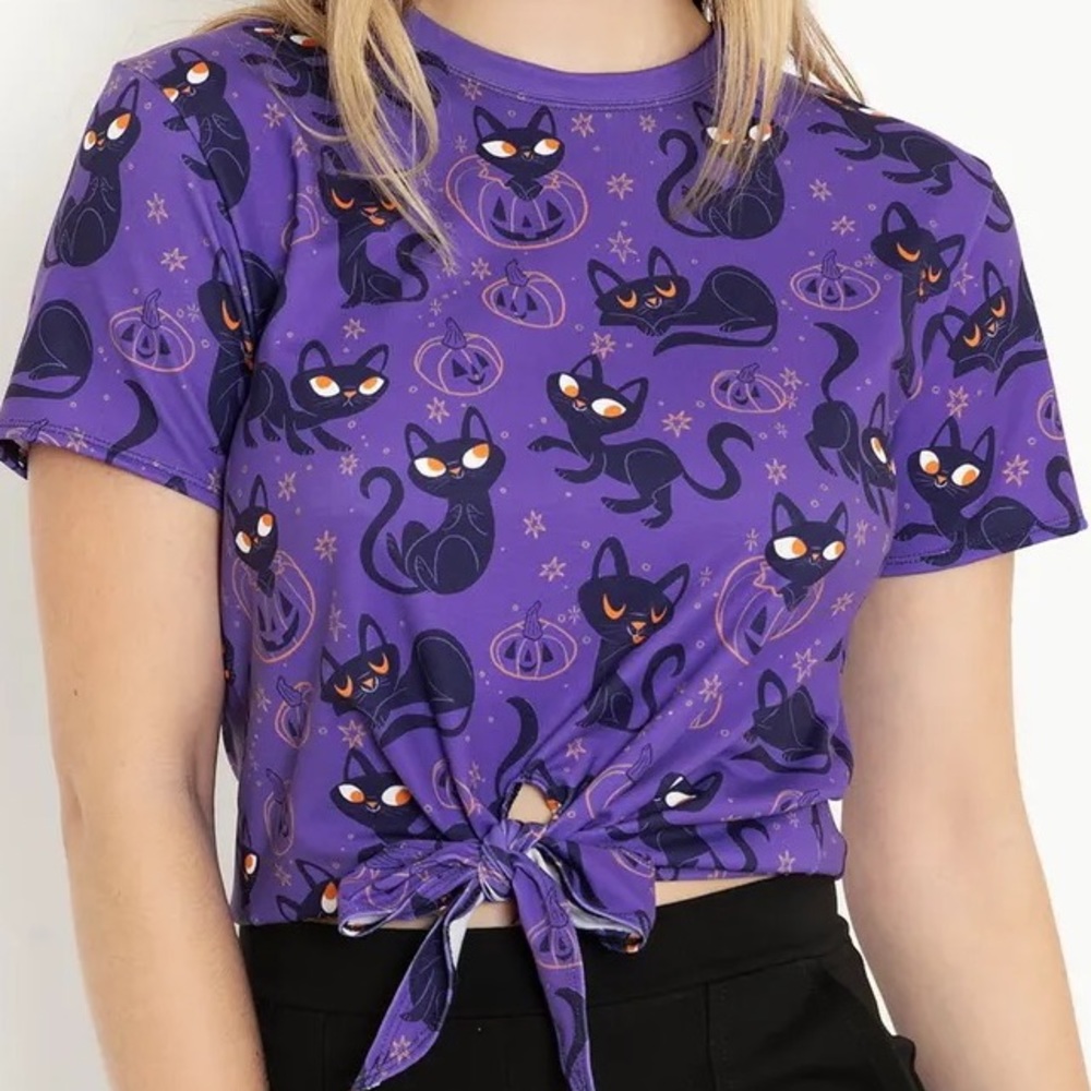Blackmilk “BLACK CATS RULE TIE FRONT TEE” SIZE SMALL S NWT Caley Hicks Art